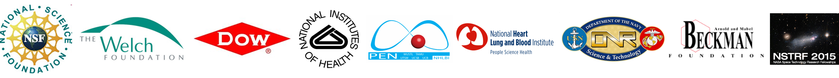Logos of the group's funding agencies and sponsors: National Science Foundation, The Welch Foundation, Dow, National Institutes of Health, PEN, National Heart Lung and Blood Institute, Department of the Navy Office of Naval Research, Arnold and Mabel Beckman Foundation, and NASA Space Technology Research Fellowship.